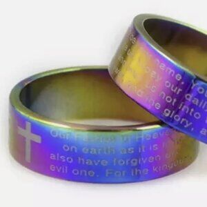 Rainbow Cross Lord's Prayer Ring Stainless Steel Christian Finger Jewelry Jesus